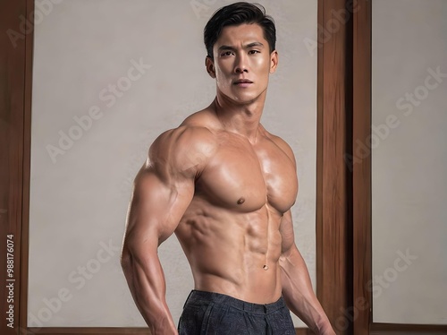 Muscle Asian Man Handsome and Shirtless with Muscular Body with The Body Facing One Side and The Head Turned The Other Portrait