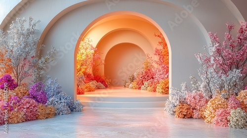 Floral Archway with White Background and Steps