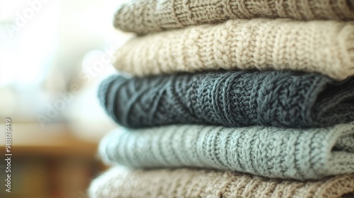 Soft knitted sweaters in muted colors are stacked high, creating a cozy and inviting display for cool weather styling