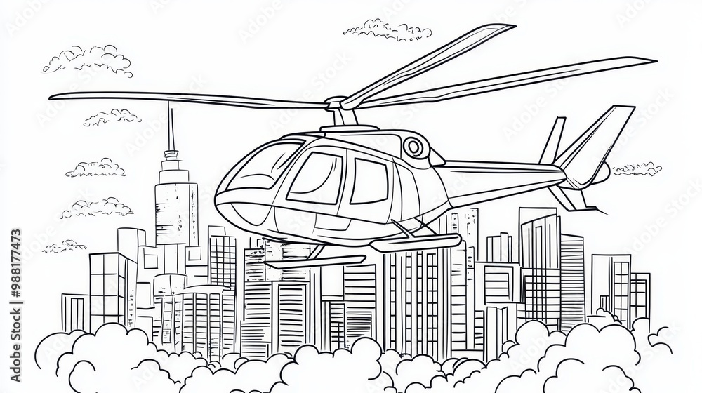 Fototapeta premium Helicopter Flying Above Cityscape