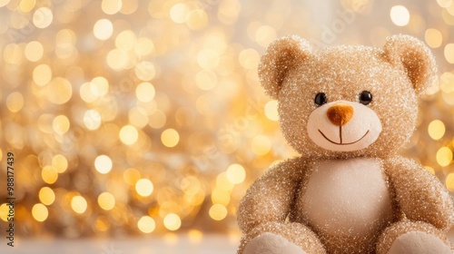 A soft teddy bear sits cheerfully in front of a magical bokeh backdrop, glowing with warm, twinkling lights in a cozy setting