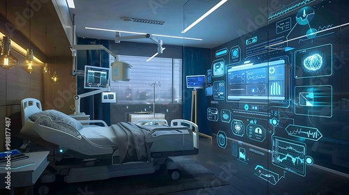 Wallpaper Mural Modern hospital room with advanced technology featuring patient bed monitors and digital interface on the wall for highlighting future healthcare innovation medical technology patient care concept. Torontodigital.ca