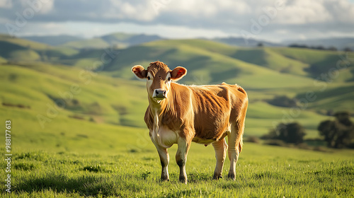 A cow standing in a green pasture with rolling hills in the background 