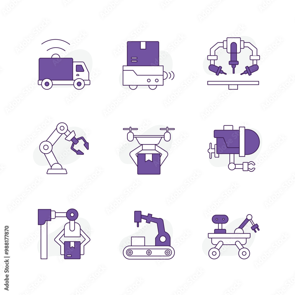 Vector icon set for Industrial Automation and Robotics Technology. Hand-drawn illustrations of robotic arms, drones, mobile robots, and exoskeletons for enhanced factory efficiency. Vector icon set for Industrial Automation and Robotics Technology. Hand-drawn illustrations of robotic arms, drones, mobile robots, and exoskeletons for enhanced factory efficiency.