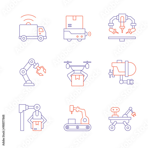Vector icon set for Smart Manufacturing and Automated Logistics Solutions. Hand-drawn icons representing the integration of robotics, drones, and exoskeletons for efficient industrial processes.