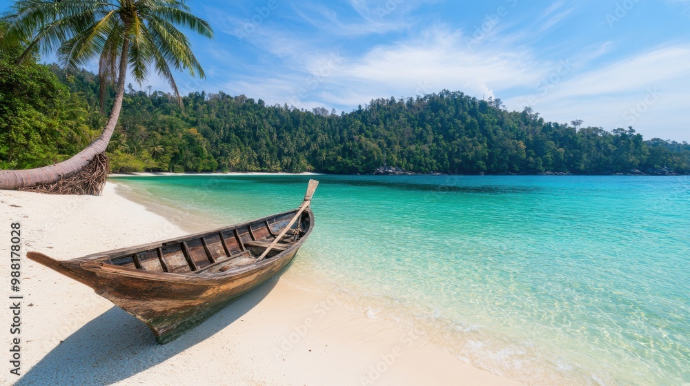 A tranquil spot features a traditional boat resting on soft white sand, framed by vibrant turquoise waters and tropical trees A tranquil spot features a traditional boat resting on soft white sand, framed by vibrant turquoise waters and tropical trees
