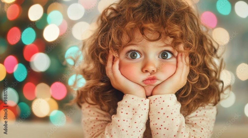Fototapeta premium A young child with curly hair looks upset, resting their chin on hands while surrounded by cheerful Christmas lights and decorations