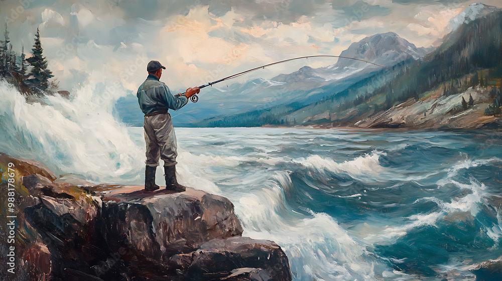 A fisherman reeling in a large fish while standing on a rocky shoreline