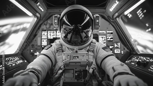 photo from an astronaut looking at the cockpit, with the reflection of the cockpit sounding alarm, night time, darkness, Night shot, dark skies, Hyper realistic photo, cinematic, black and white