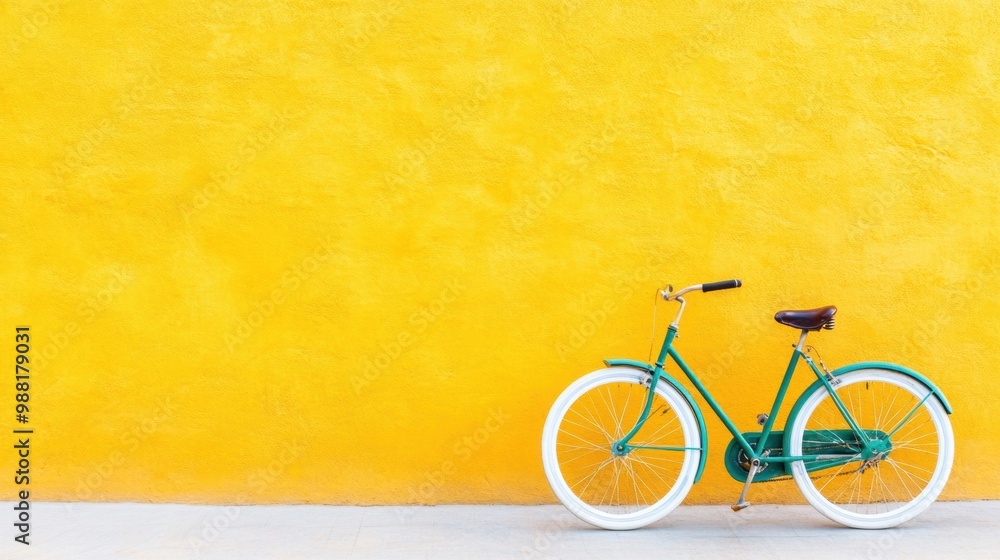 Naklejka premium A classic vintage bicycle leans against a sunny yellow wall, evoking a sense of warmth and carefree days in a lively urban environment