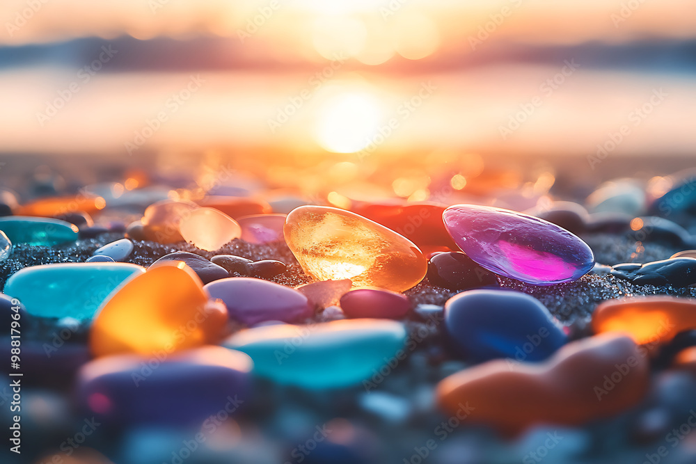 different colored sea glass on a beach with light shining different colored sea glass on a beach with light shining