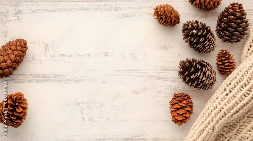 A collection of winter pinecones is arranged with a warm knitted scarf against a white wooden background A collection of winter pinecones is arranged with a warm knitted scarf against a white wooden background