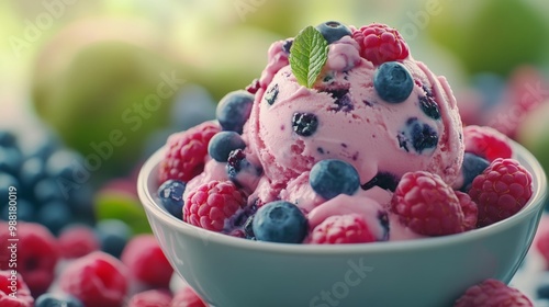 Mix berry ice cream.Brightly colored traditional Italian gelato scoops paired with fresh fruit isolated on a white background Scoops of various ice creams with fresh berries and mango. Design for reci photo