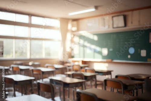 ぼやけた教室。子供がいない教室。背景素材｜Blurred classroom.Classroom with no children, no focus.