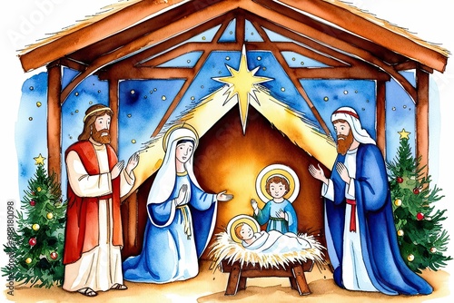 Watercolor Nativity Scene Artwork with Virgin Mary Christ Child and Joseph for Holiday Greeting Cards photo