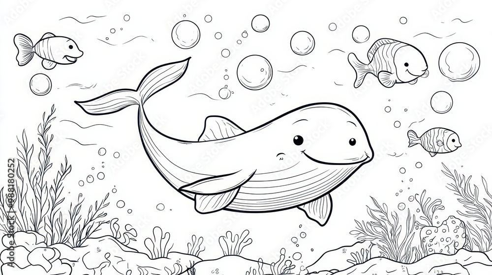 Fototapeta premium Underwater Scene with Whale and Fish