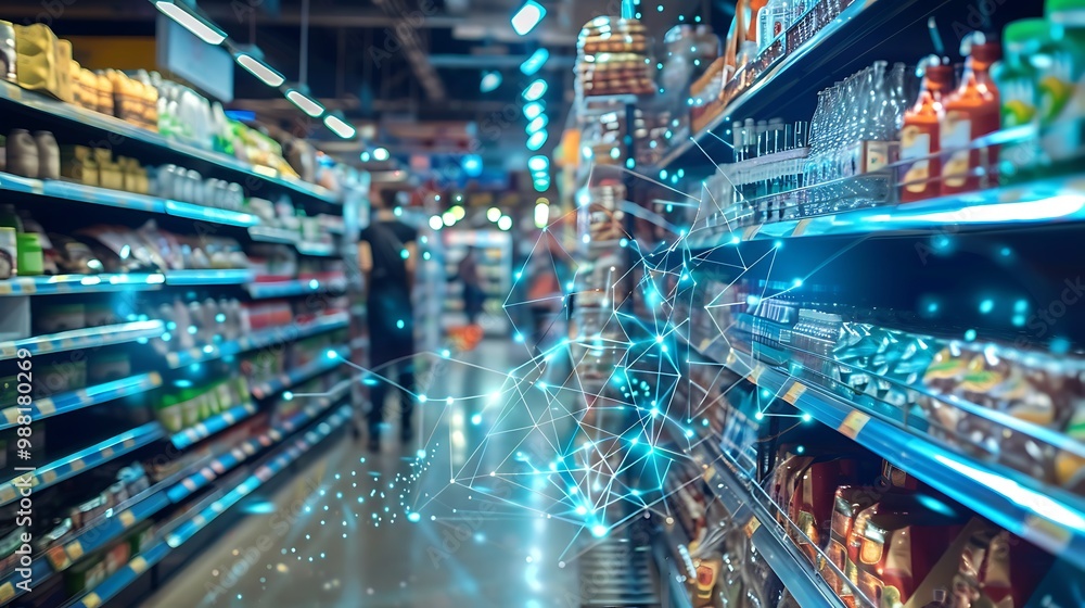 Supermarket aisle with a technological overlay showing a network of interconnected dots and lines, representing data and connectivity in the retail industry Supermarket aisle with a technological overlay showing a network of interconnected dots and lines, representing data and connectivity in the retail industry