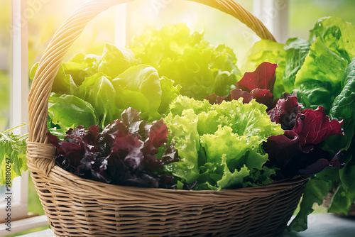 A variety of fresh salad leaves arranged in a wicker basket, placed in a sunlit greenhouse photo