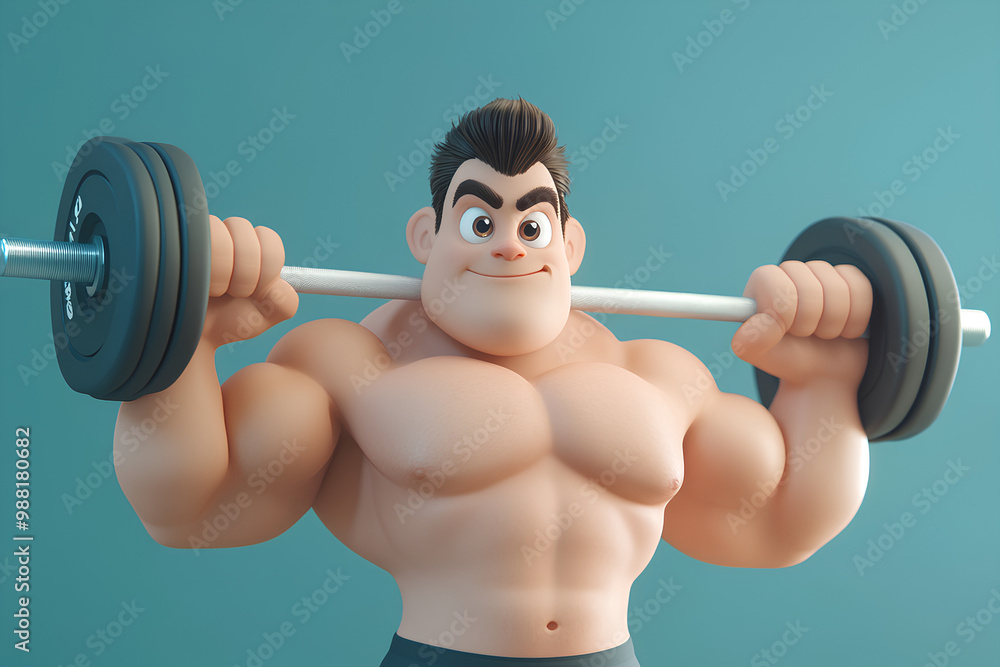 Obraz premium caracter cartoon 3d Determination weightlifting bodybuilding barechested