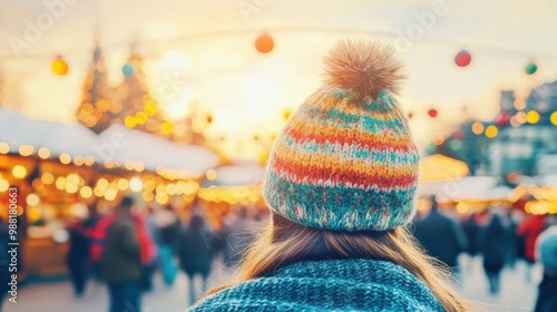 A woman wearing a knitted winter hat takes in the sights and sounds of a bustling Christmas market during sunset lit by colorful lights