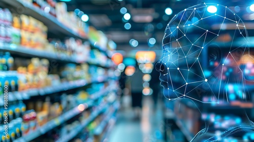 Wallpaper Mural Digital profile silhouette of customer in blurred supermarket aisle for representing use of artificial intelligence in modern retail smart shopping data analytics and technology integration concept. Torontodigital.ca