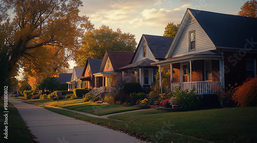 a beautiful film photo of several houses in Kansas City on a lovely autumn evening with flowers