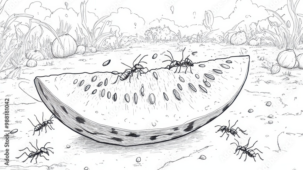 Ants Feasting on Watermelon Slice in the Meadow Ants Feasting on Watermelon Slice in the Meadow
