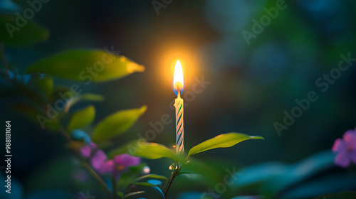 A small flame flickering on a birthday candle in a garden setting photo