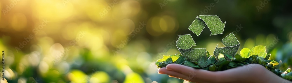 Obraz premium Hand Holding Green Leaves with Recycle Symbol
