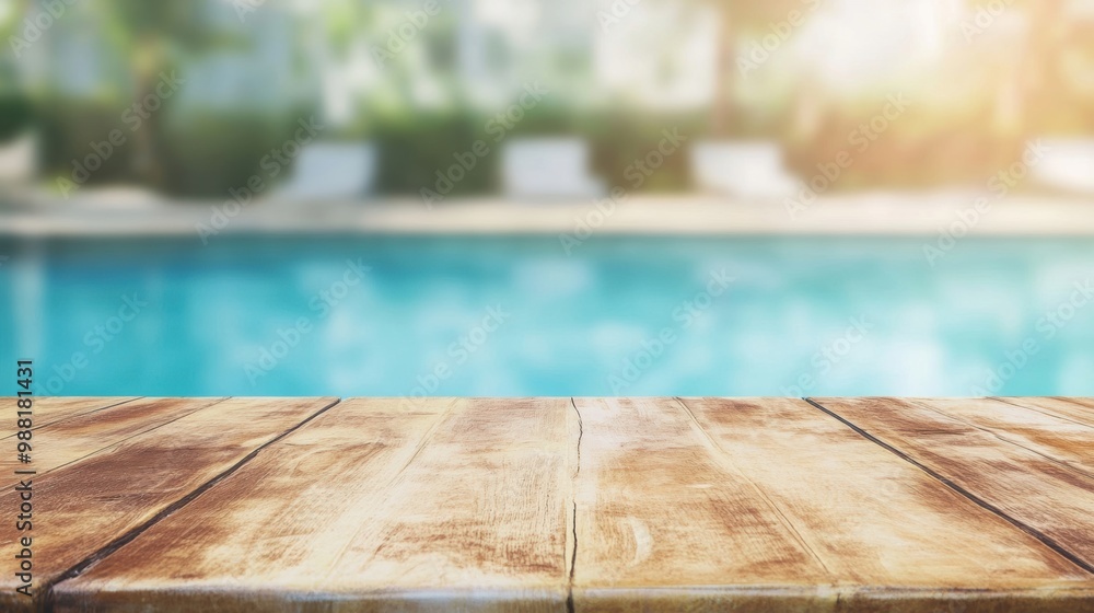 The wooden table stands prominently while the blue water of the pool and loungers fade softly in the background, creating a serene ambiance The wooden table stands prominently while the blue water of the pool and loungers fade softly in the background, creating a serene ambiance