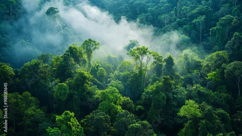 Misty Rainforest Canopy Aerial View