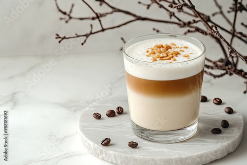 Cappuccino or latte with milk foam and caramel in a glass with coffee beans on light marble background with branches. Front view and copy space