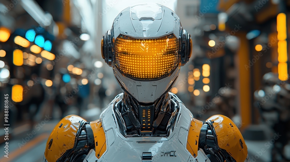 Futuristic Robot in Urban Environment with Glowing Visor Futuristic Robot in Urban Environment with Glowing Visor