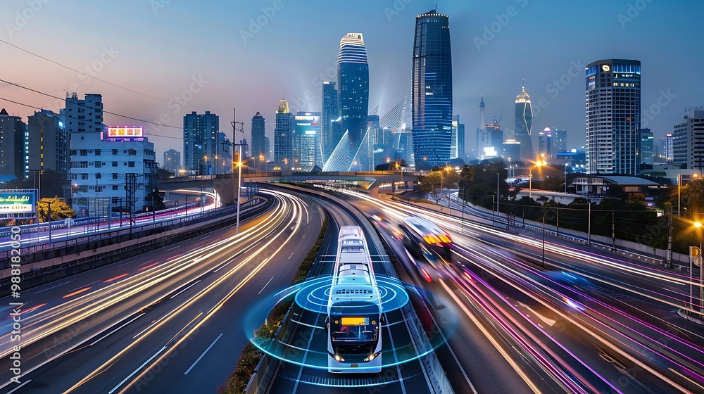 Fototapeta premium Autonomous bus drives through a bustling cityscape at night, showcasing the future of transportation.