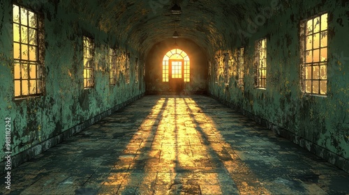 Sunbeams Through Windows in Abandoned Hallway