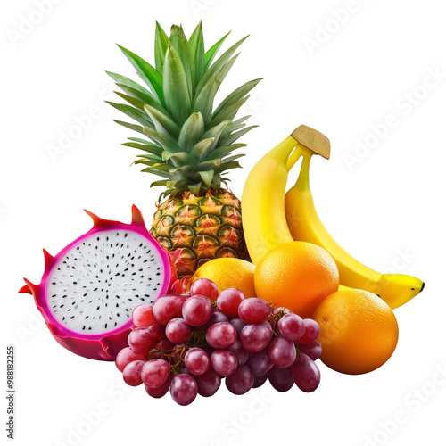 A colorful collection of fruits including pineapple, orange, red grapes and dragon fruit. Healthy and delicious. photo