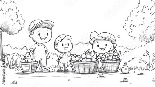 Three Kids With Baskets Full of Fruit in a Cartoon Illustration