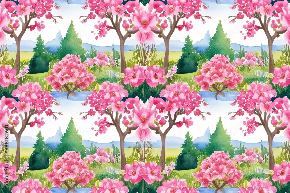 Seamless Watercolor Pattern of Pink Flowers in Vibrant Garden Landscape Seamless Watercolor Pattern of Pink Flowers in Vibrant Garden Landscape