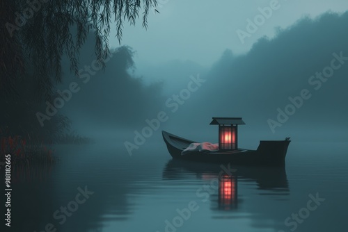 A Boat With A Small Table Set Up For Tea, Drifting On A Quiet River Surrounded By Lush Green Trees. Cozy Vibe, Generative AI