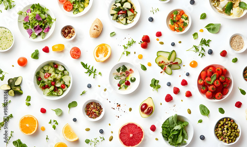 Many different healthy food on white wooden table, flat lay