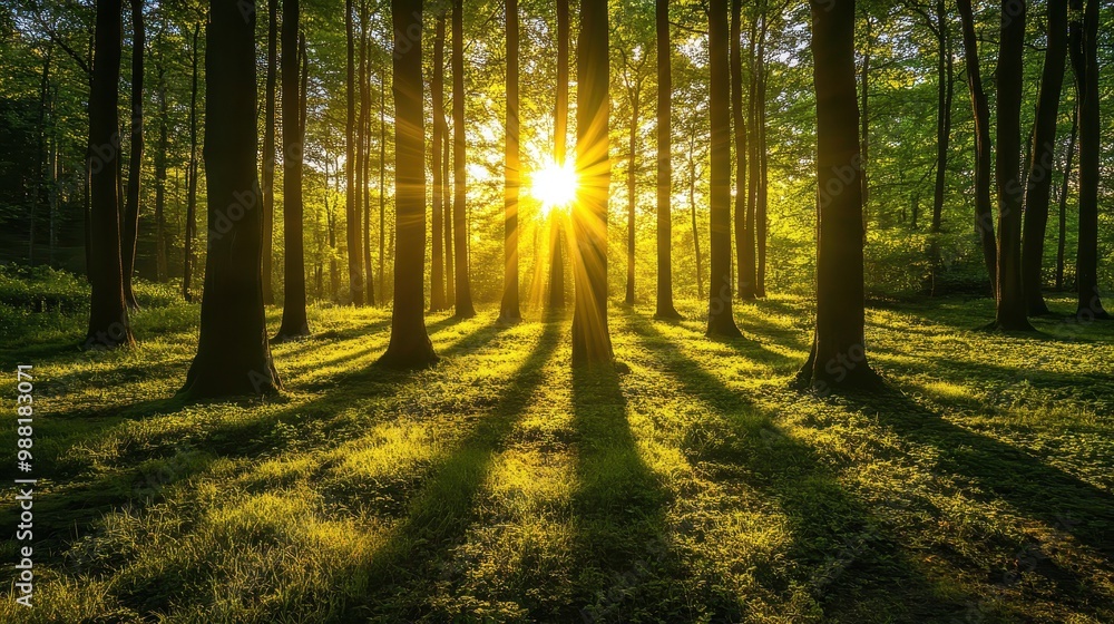 Fototapeta premium Enchanting Forest Sunlight Shining Through the Trees