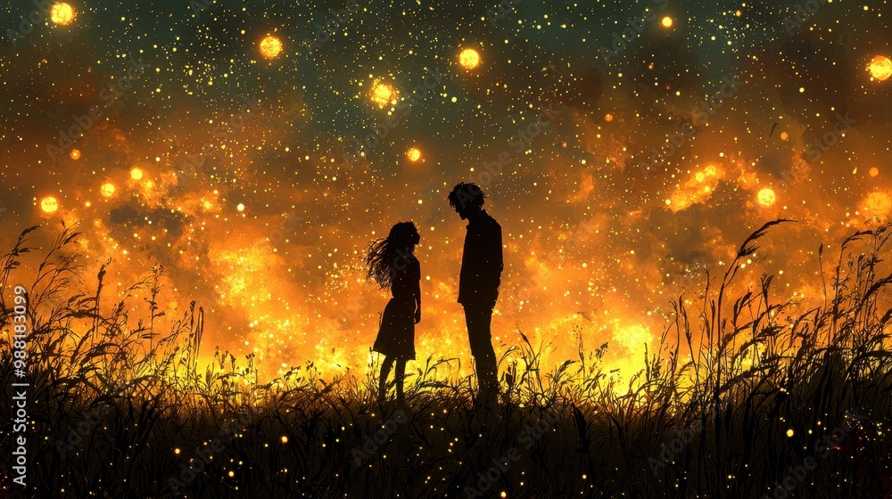 Fototapeta premium Couple Silhouettes Under a Starry Night Sky