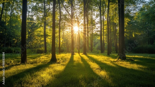 Serene Woodland Sunset - A Tranquil Landscape Bathed in Golden Light