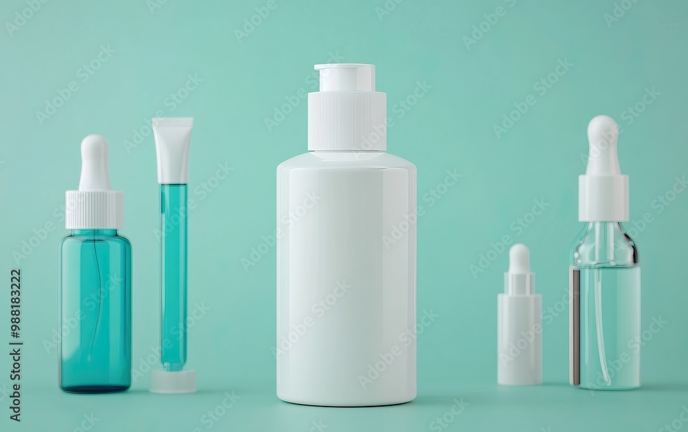 A collection of various skincare bottles and droppers on a soft turquoise background, showcasing beauty and wellness products in elegant design. A collection of various skincare bottles and droppers on a soft turquoise background, showcasing beauty and wellness products in elegant design.