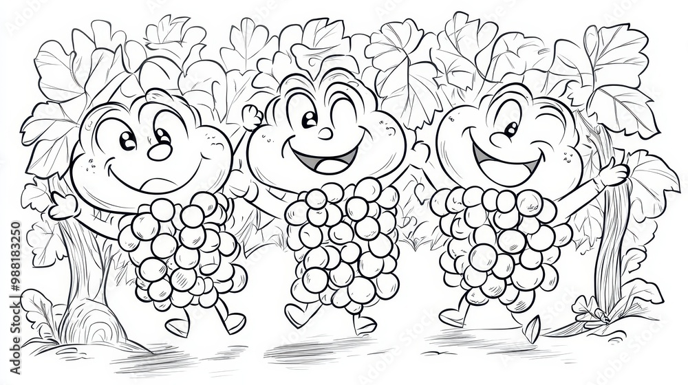 Three Grapes Dancing and Smiling in a Vineyard Three Grapes Dancing and Smiling in a Vineyard