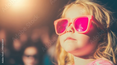 A young girl sits in a cinema, wearing bright pink sunglasses, fully engaged and enjoying a movie experience with excitement