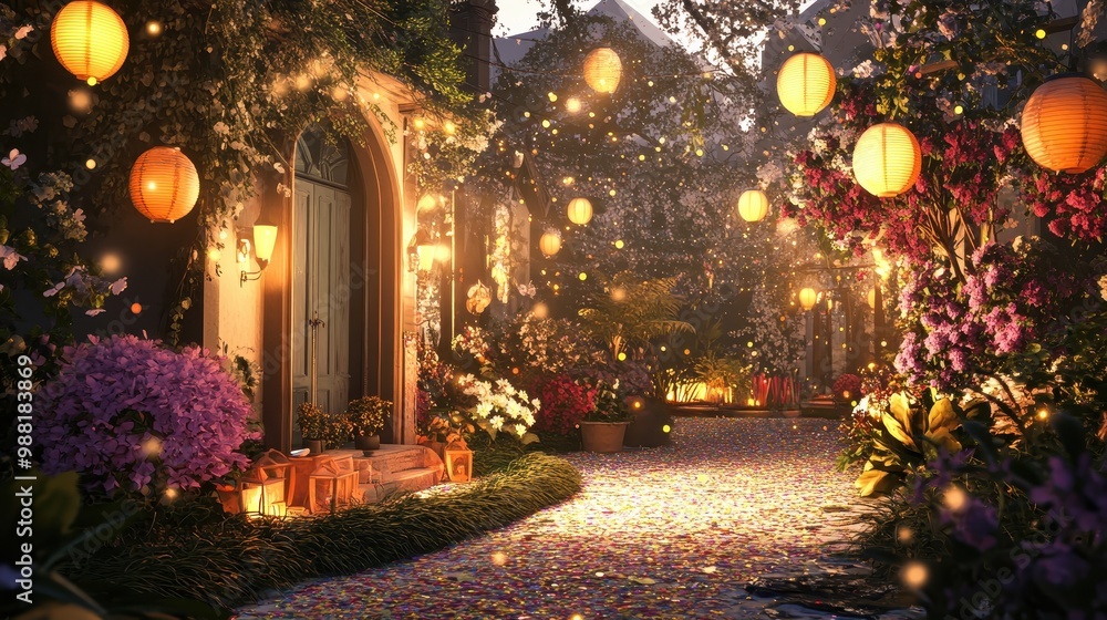 Enchanting Moonlit Garden Path with Lanterns and Flowers Enchanting Moonlit Garden Path with Lanterns and Flowers