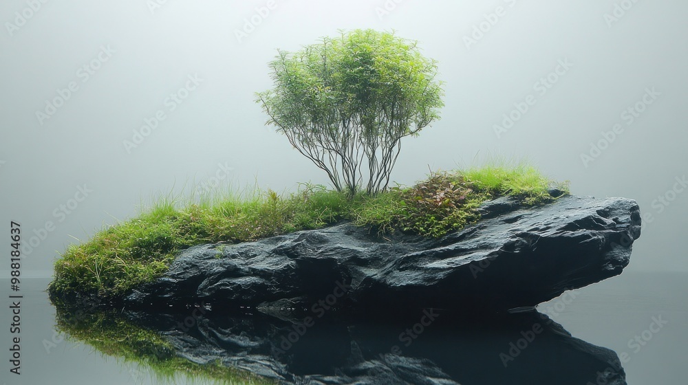 A serene island with a small tree atop a rocky base in mist. A serene island with a small tree atop a rocky base in mist.