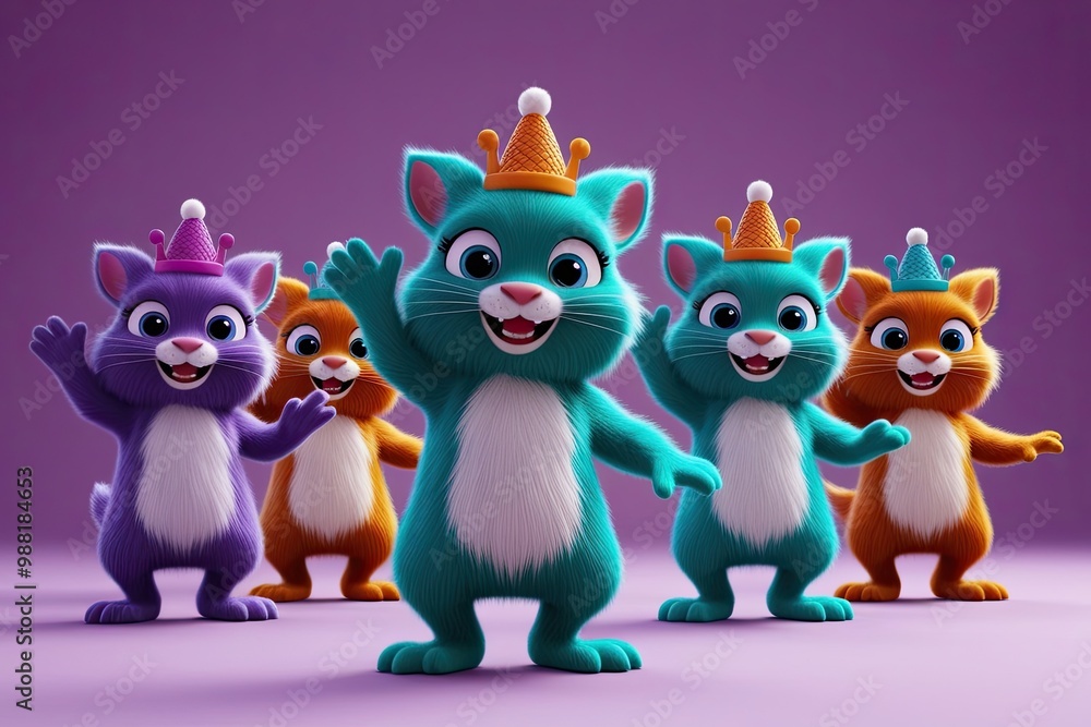 Obraz premium Colorful Teal Fur Characters Dancing and Waving - 3D Animated Cartoon Collection
