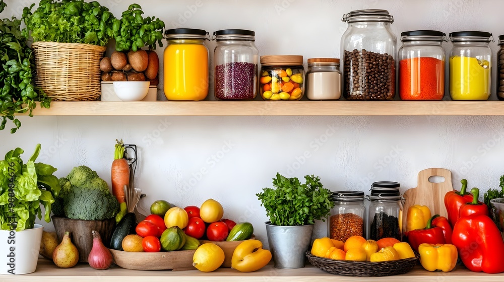 Colorful vegetables on kitchen shelf Colorful vegetables on kitchen shelf